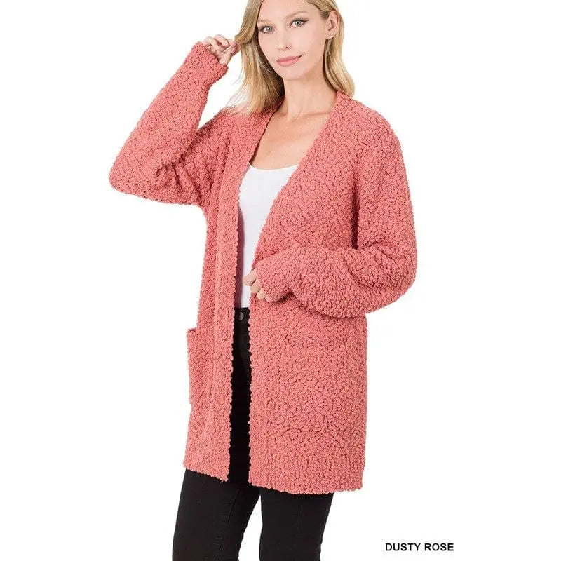 Puff Sleeve Popcorn Cardigan With Pockets Zenana