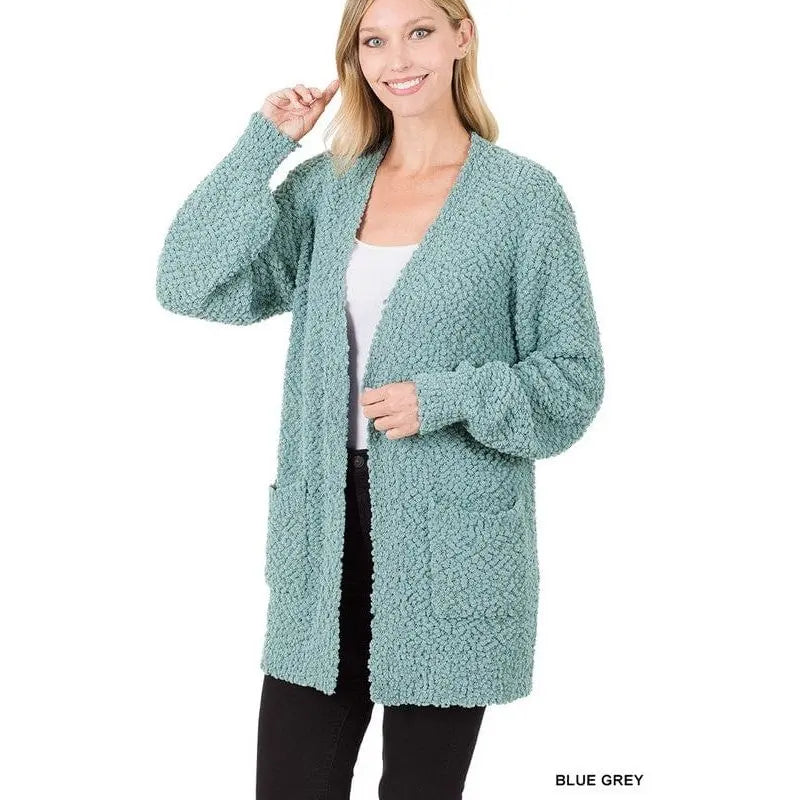 Puff Sleeve Popcorn Cardigan With Pockets Zenana