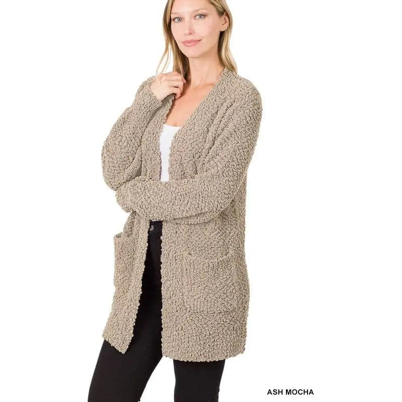 Puff Sleeve Popcorn Cardigan With Pockets Zenana