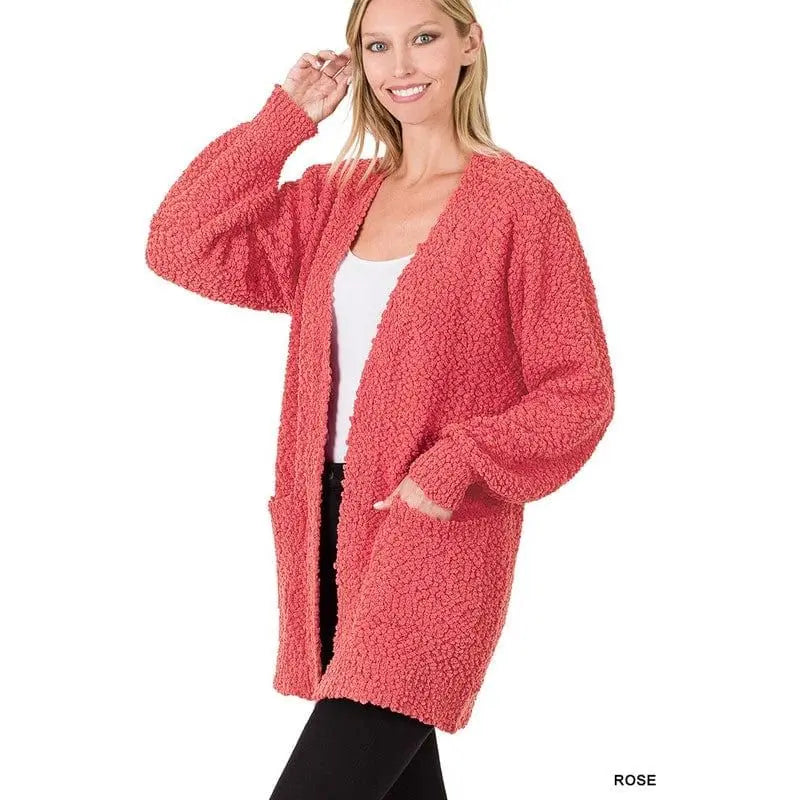 Puff Sleeve Popcorn Cardigan With Pockets Zenana
