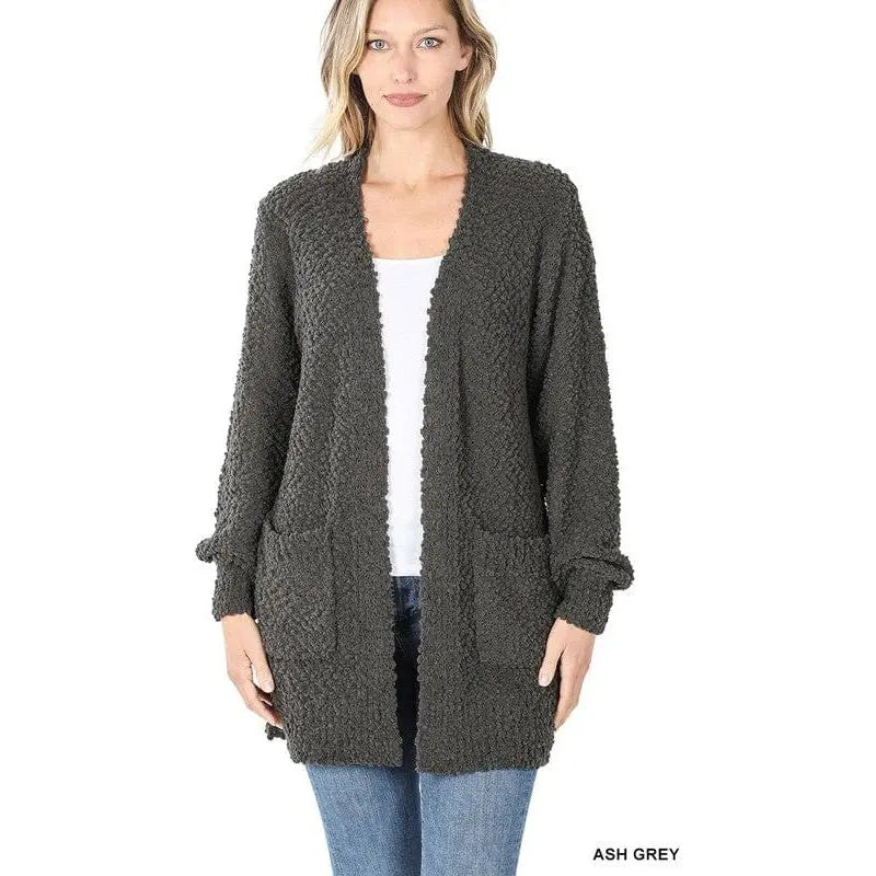 Puff Sleeve Popcorn Cardigan With Pockets Zenana