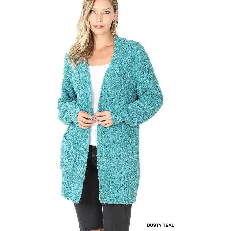 Puff Sleeve Popcorn Cardigan With Pockets Zenana