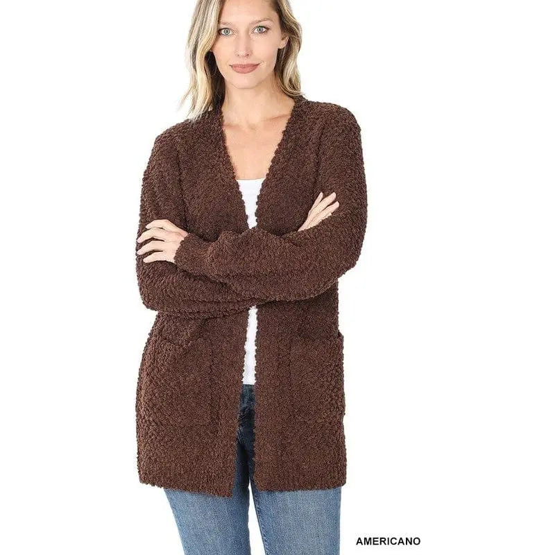 Puff Sleeve Popcorn Cardigan With Pockets Zenana
