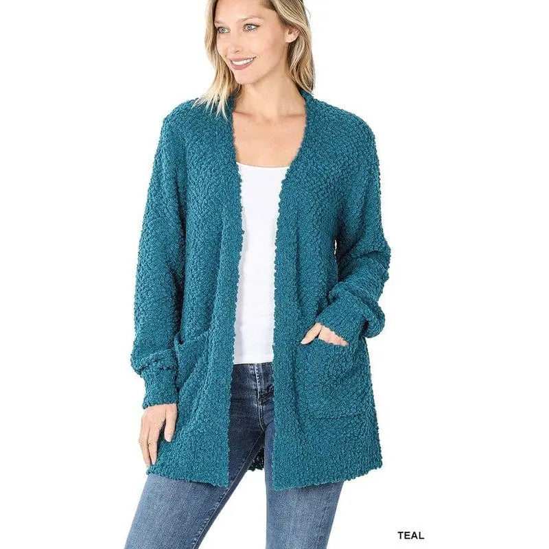 Puff Sleeve Popcorn Cardigan With Pockets Zenana