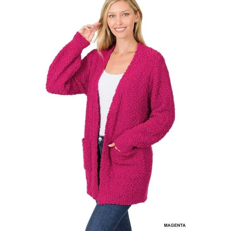 Puff Sleeve Popcorn Cardigan With Pockets Zenana