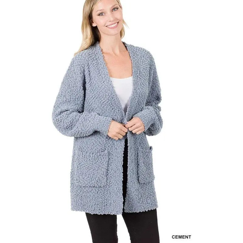 Puff Sleeve Popcorn Cardigan With Pockets Zenana