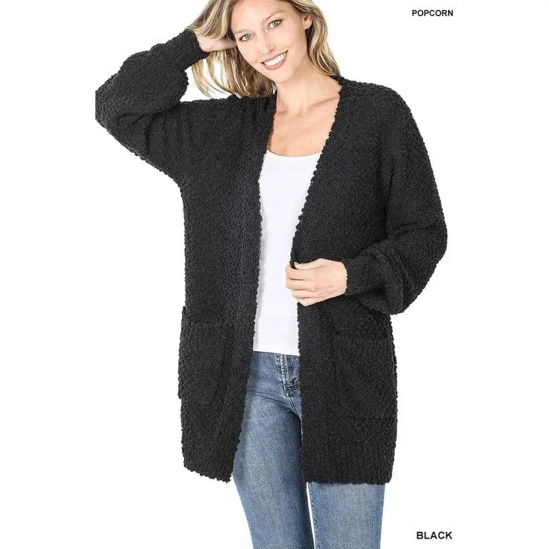 Puff Sleeve Popcorn Cardigan With Pockets Zenana