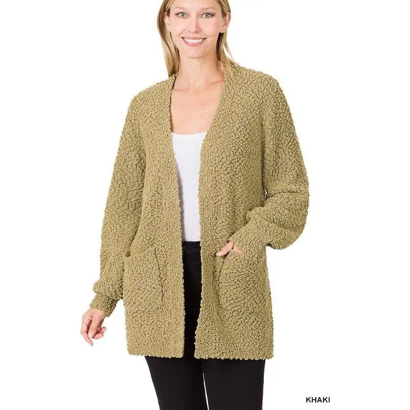 Puff Sleeve Popcorn Cardigan With Pockets Zenana
