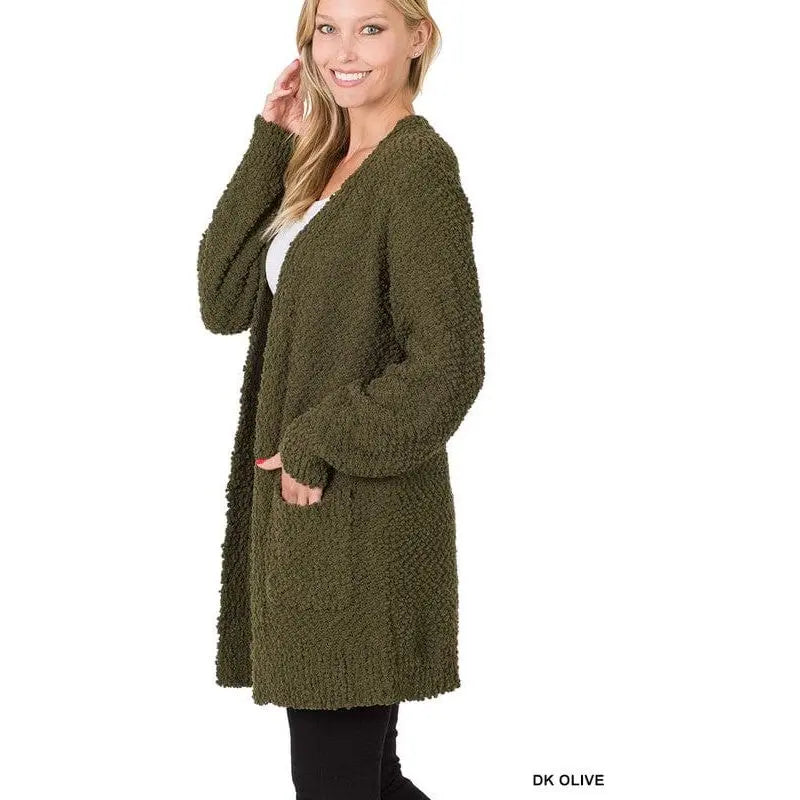 Puff Sleeve Popcorn Cardigan With Pockets Zenana