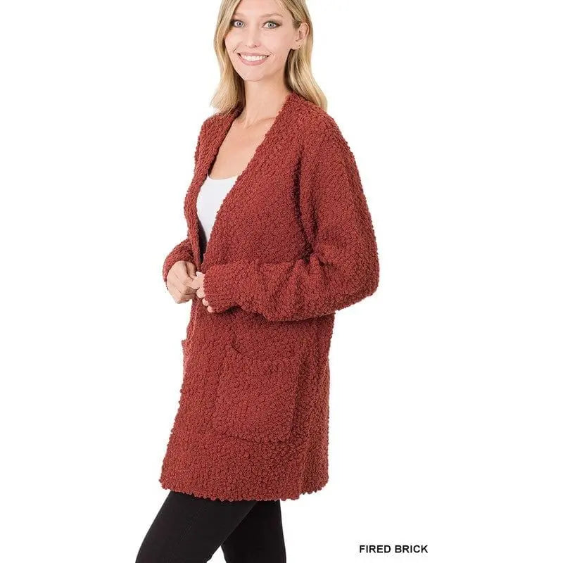 Puff Sleeve Popcorn Cardigan With Pockets Zenana