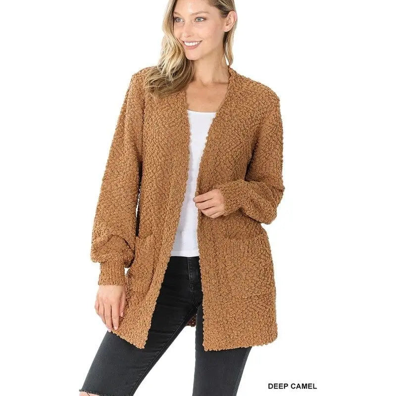Puff Sleeve Popcorn Cardigan With Pockets Zenana