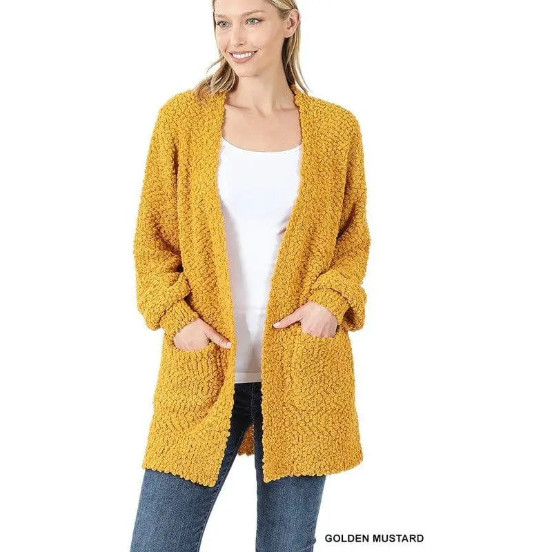 Puff Sleeve Popcorn Cardigan With Pockets Zenana