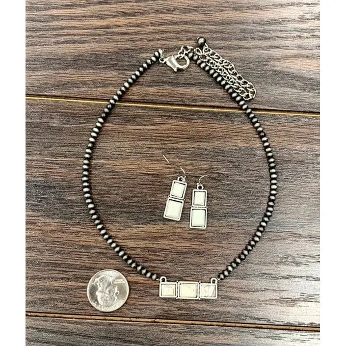 15" long, tiny 4mm navajo pearl necklace, bar turquoise pendant & earrings isac trading