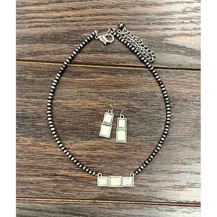15" long, tiny 4mm navajo pearl necklace, bar turquoise pendant & earrings isac trading