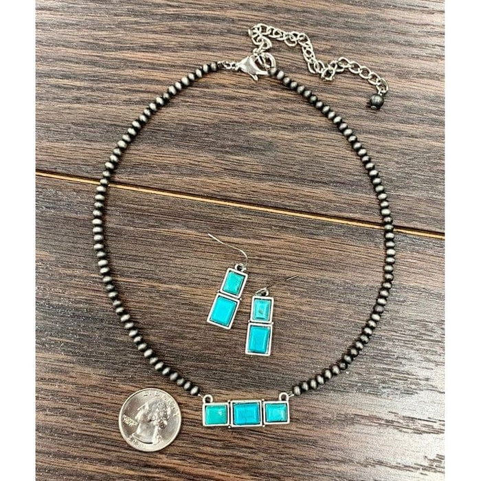 15" long, tiny 4mm navajo pearl necklace, bar turquoise pendant & earrings