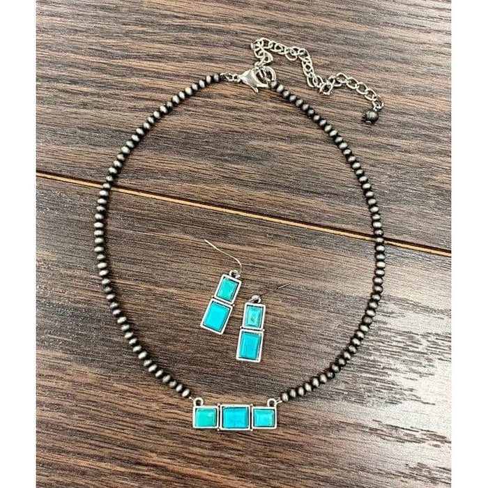 Collar de perlas navajo diminuto de 15" de largo y 4 mm, colgante de barra de color turquesa y aretes