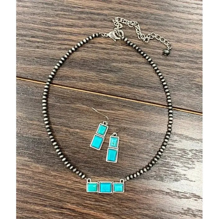 15" long, tiny 4mm navajo pearl necklace, bar turquoise pendant & earrings isac trading