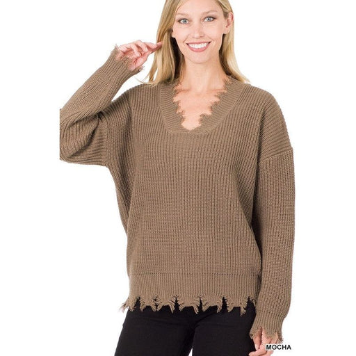 Drop shoulder distressed sweater