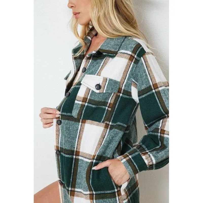 Plaid button up knee length long shirt jacket Madison