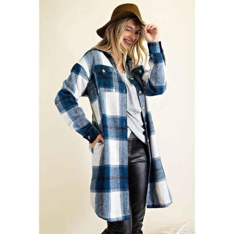 Button down plaid midi shirt jacket fashion district