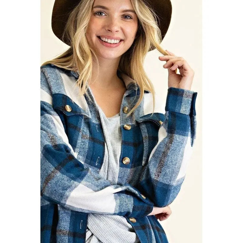 Button down plaid midi shirt jacket fashion district