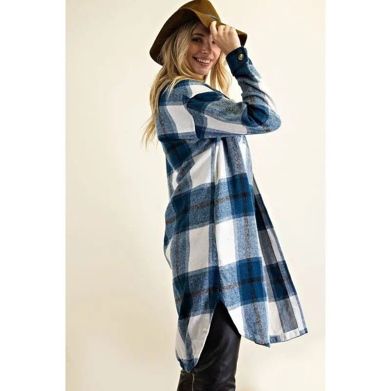 Button down plaid midi shirt jacket fashion district