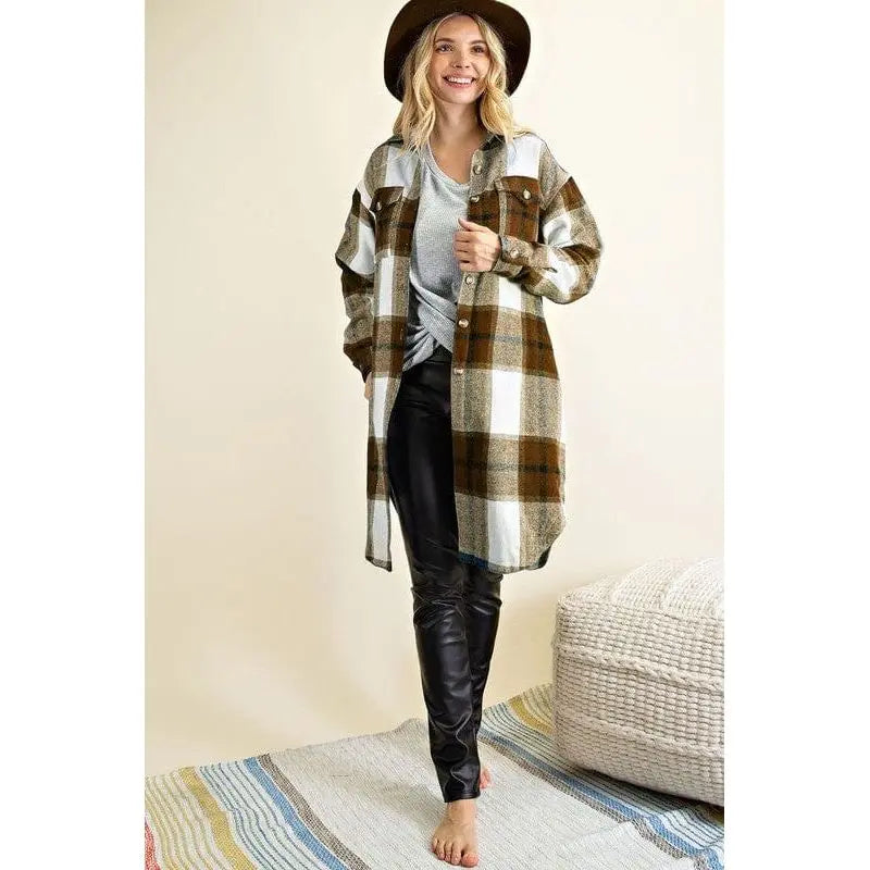 Button down plaid midi shirt jacket fashion district