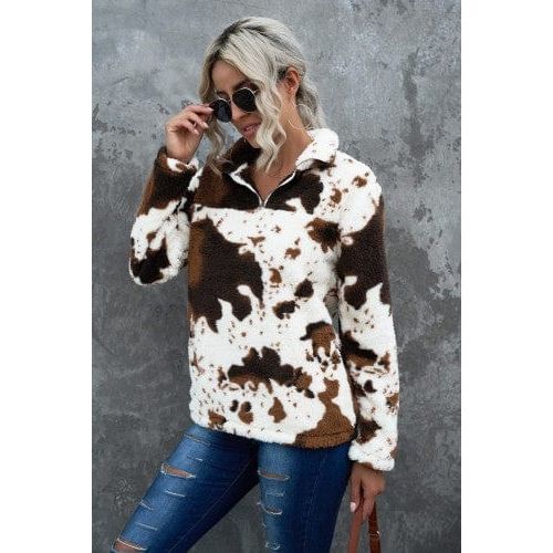 Zip collar cow print fleece sweatshirt