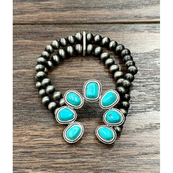 Navajo pearl stretch bracelet, squash blossom natural turquoise