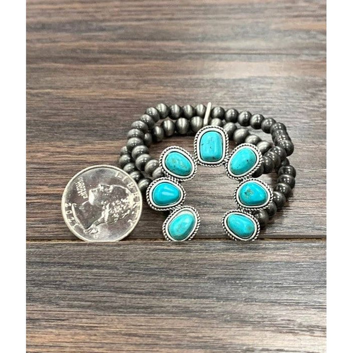 Navajo pearl stretch bracelet, squash blossom natural turquoise