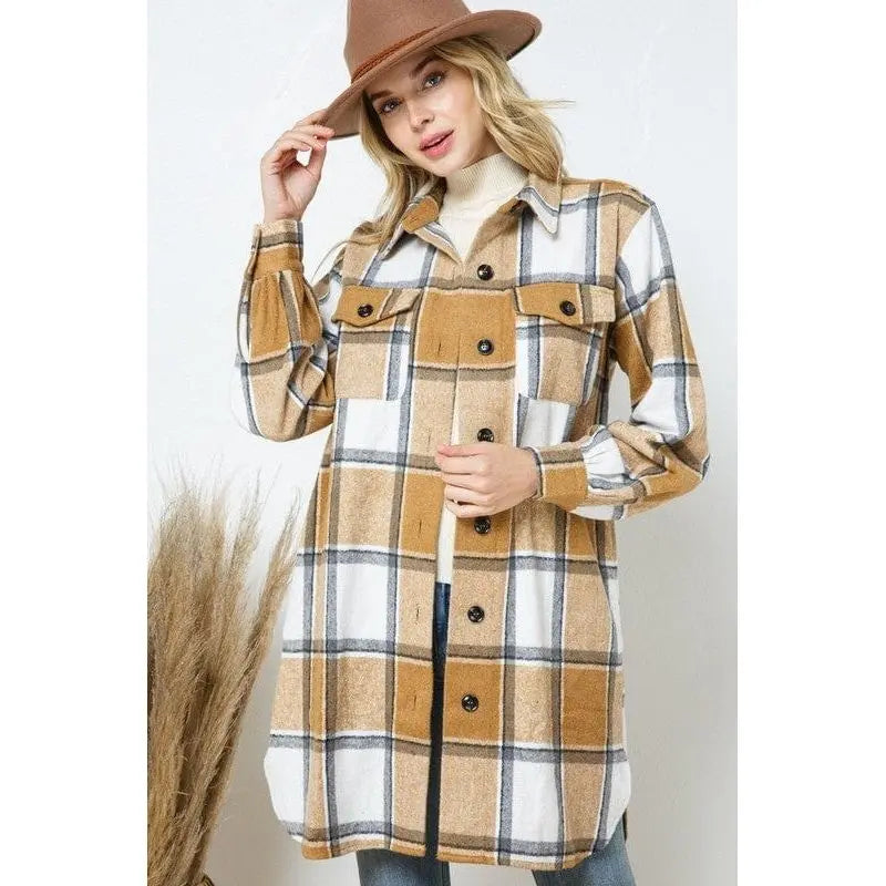 Plaid button up knee length long shirt jacket Madison
