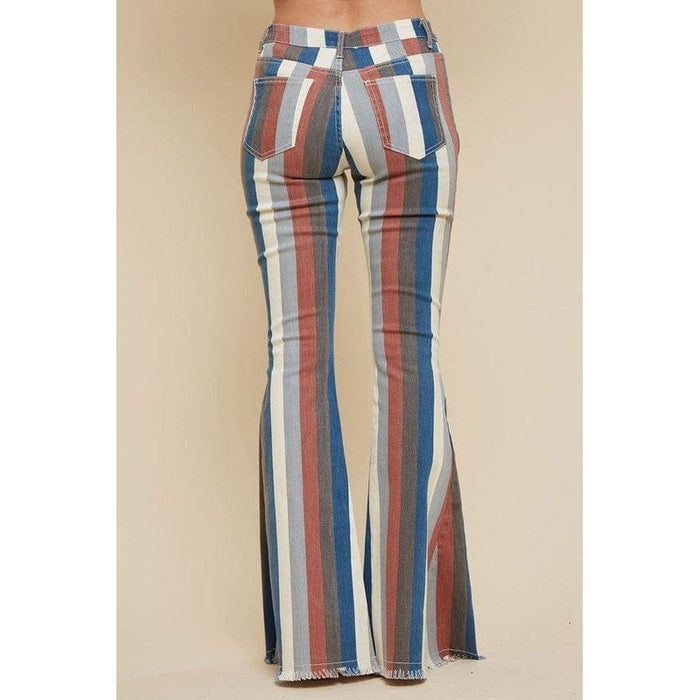 Multi stripe distressed denim flared pants