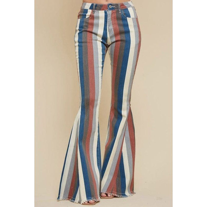 Multi stripe distressed denim flared pants