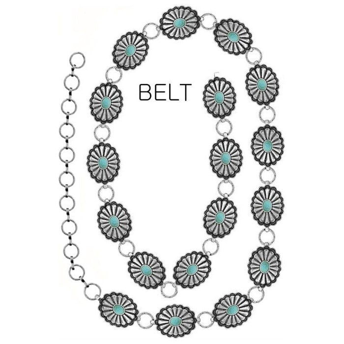 Textured western concho flower gemstone chain belt