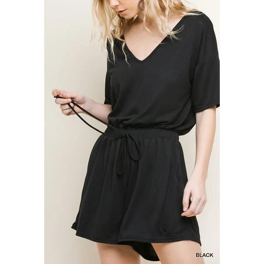 Short Sleeve V-Neck Pocket Romper with an Elastic Drawstring Waist LECCE