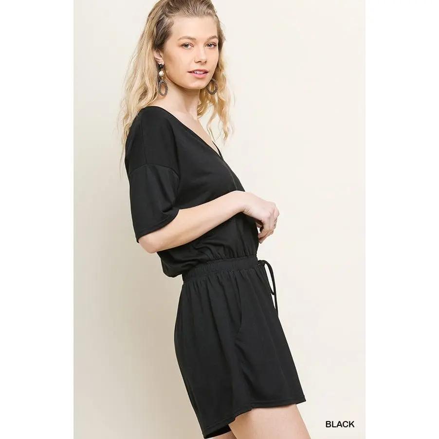 Short Sleeve V-Neck Pocket Romper with an Elastic Drawstring Waist LECCE