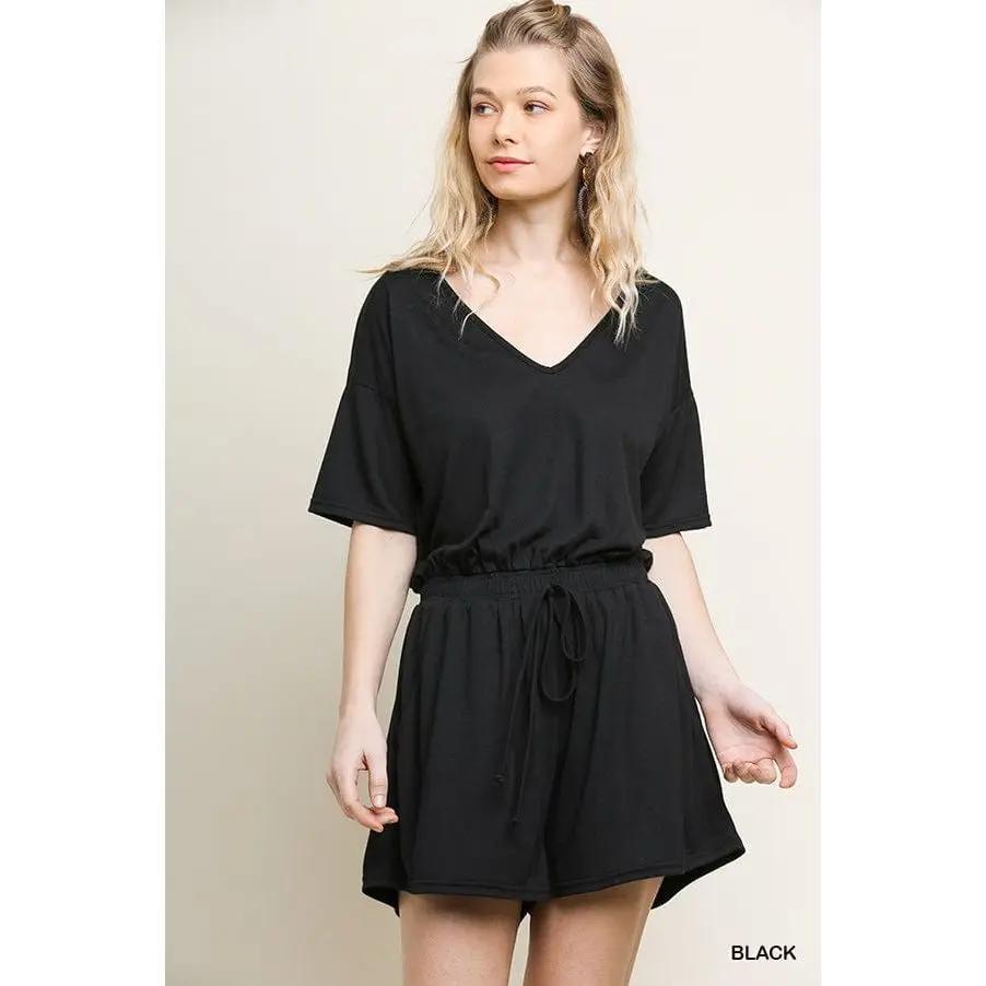 Short Sleeve V-Neck Pocket Romper with an Elastic Drawstring Waist LECCE