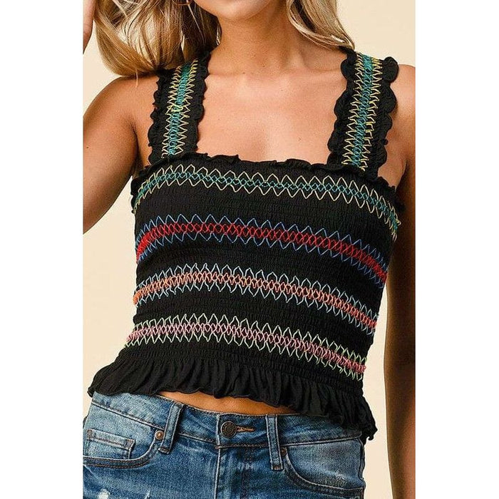Multi color stitch all over smocking tank top
