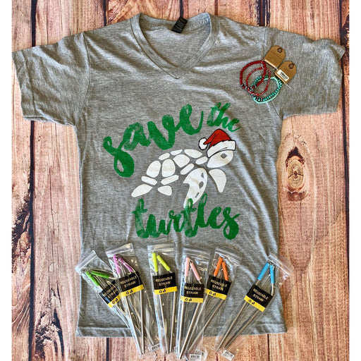 SAVE THE TURTLES GREY VNECK TSHIRT