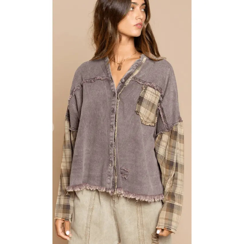 Distressed Mix Plaid Jacket Pole