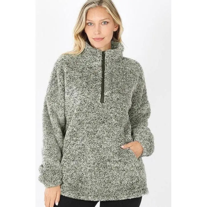 MELANGE FAUX FUR HALF ZIP POCKET PULLOVER Zenana