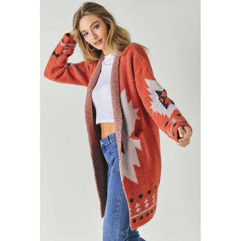 Fleece jacquard button opened cardigan Davi & Dani