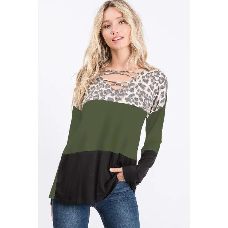ANIMAL PRINT AND SOLID CONTRAST TOP LECCE