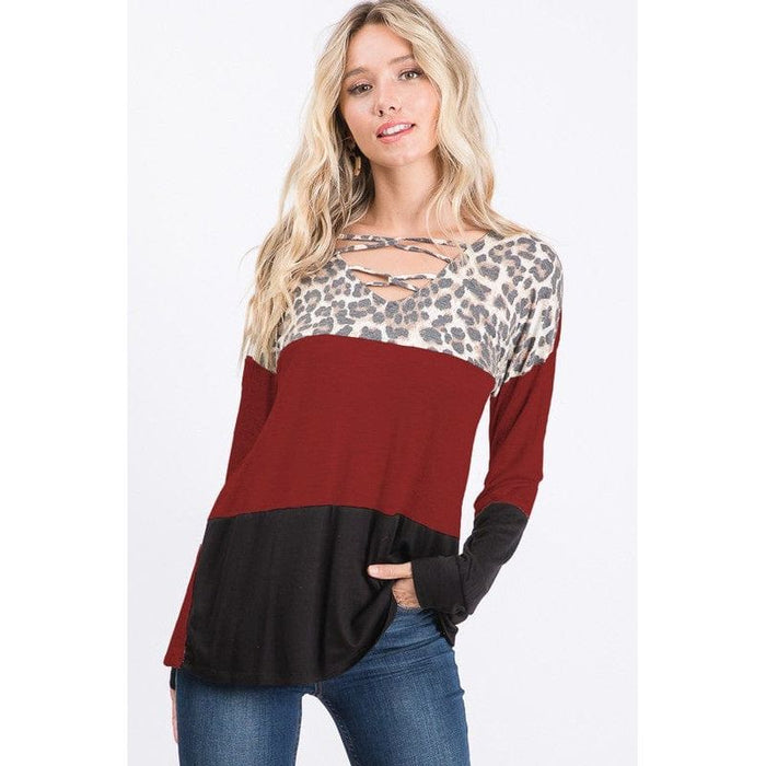 ANIMAL PRINT AND SOLID CONTRAST TOP