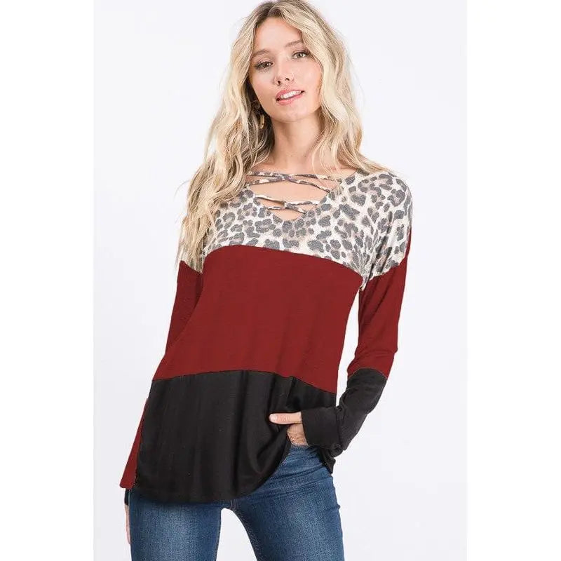 ANIMAL PRINT AND SOLID CONTRAST TOP LECCE