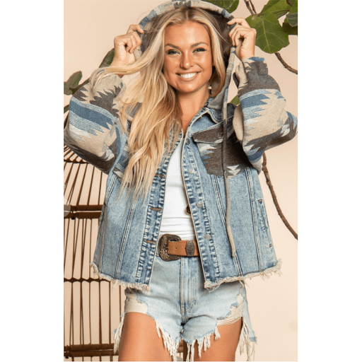 Denim and Aztec jacket with hood