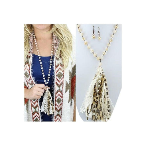 Fabric and Pearl Tassel Necklace