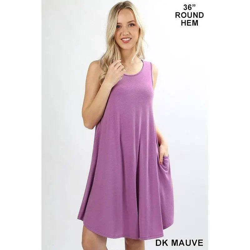 SLEEVELESS ROUND HEM SWING DRESS - SIDE POCKETS