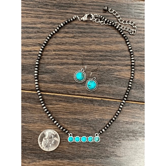 16" Long, Tiny 4mm Navajo Pearl Necklace, Natural Turquoise Pendant & Earrings
