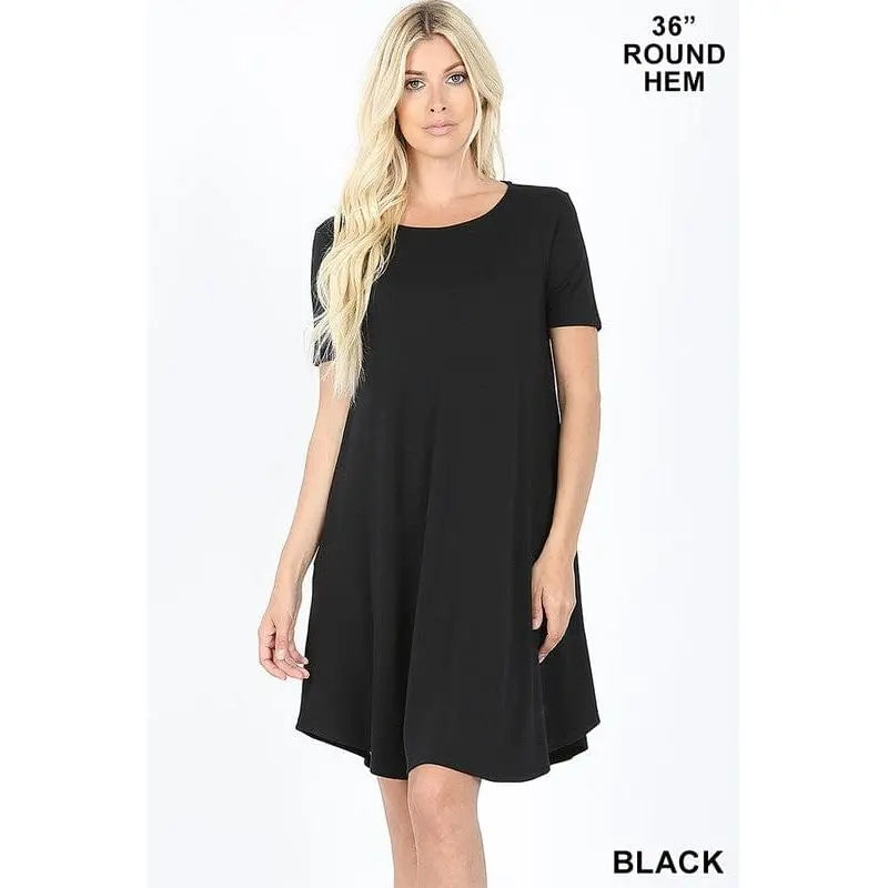 VESTIDO DE MANGA CORTA CON BAJO REDONDO - BOLSILLOS LATERALES